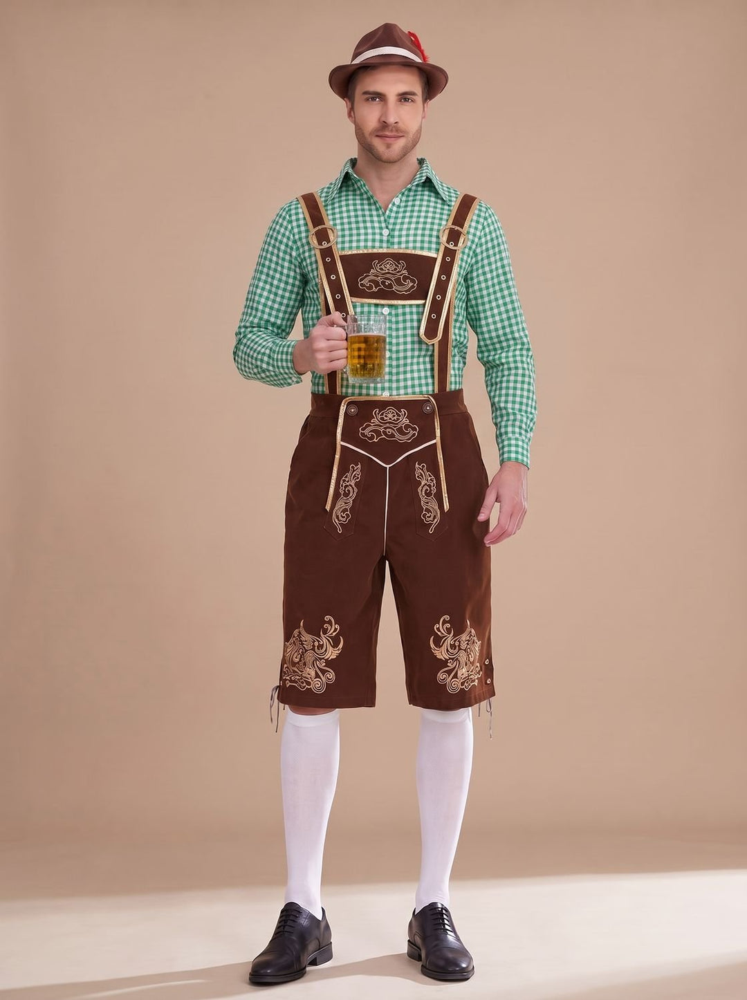 Herren Oktoberfest Trachten-Set Lederhose Kniebund Karohemd - Schwarz Kariert (Grün/Weiß Hemd)