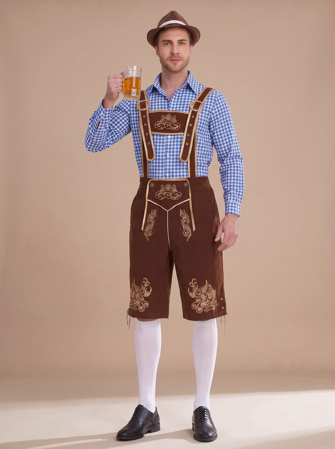 Herren Oktoberfest Trachten-Set Lederhose Kniebund Karohemd - Braun Kariert (Grün/Weiß Hemd)