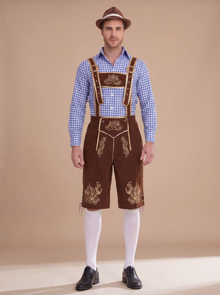 Herren Oktoberfest Trachten-Set Lederhose Kniebund Karohemd - Braun Kariert (Blau/Weiß Hemd)