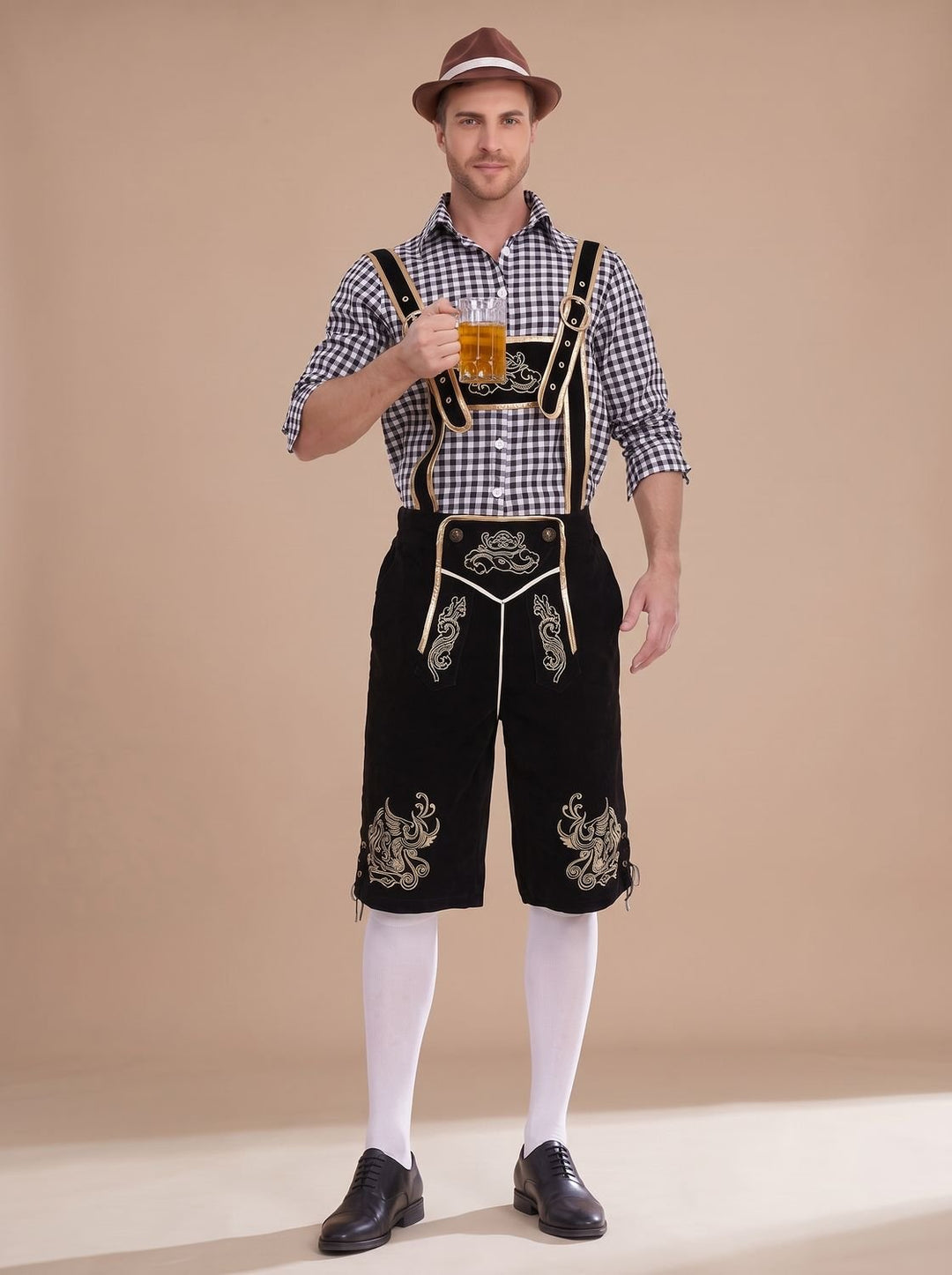 Herren Oktoberfest Trachten-Set Lederhose Kniebund Karohemd