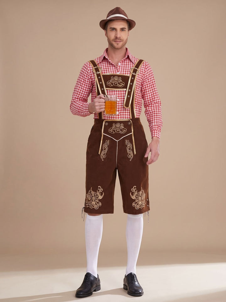 Herren Oktoberfest Trachten-Set Lederhose Kniebund Karohemd