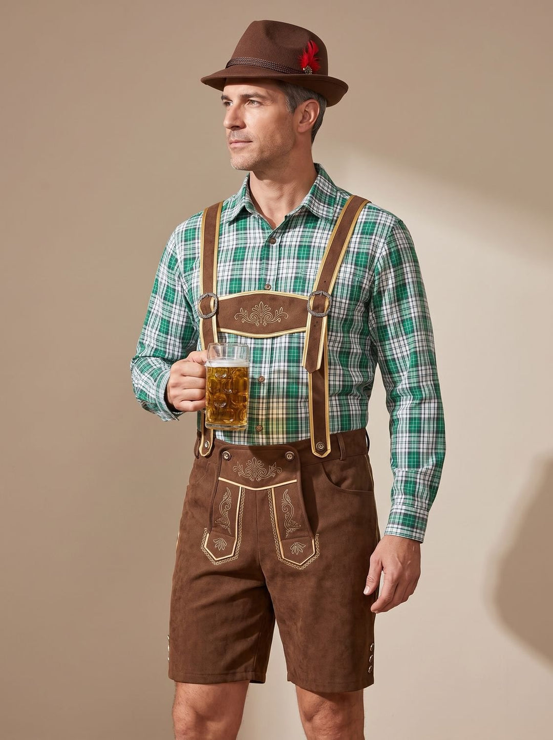 Herren Oktoberfest Trachten-Set Lederhose Kniebund Karohemd