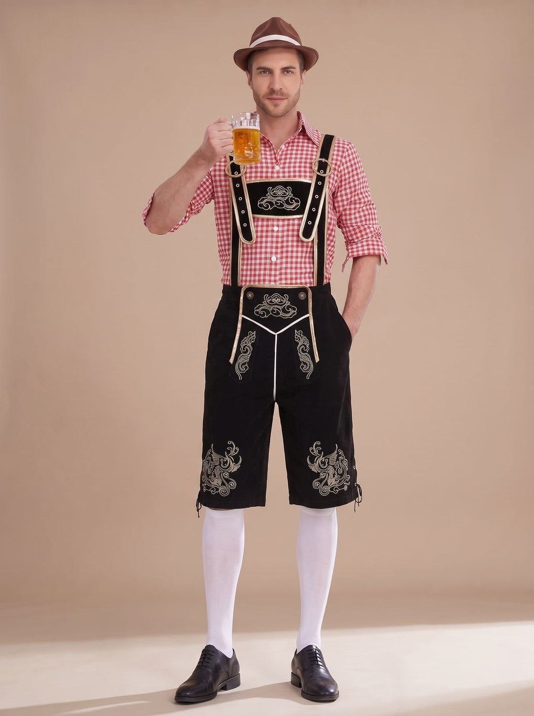 Herren Oktoberfest Trachten-Set Lederhose Kniebund Karohemd