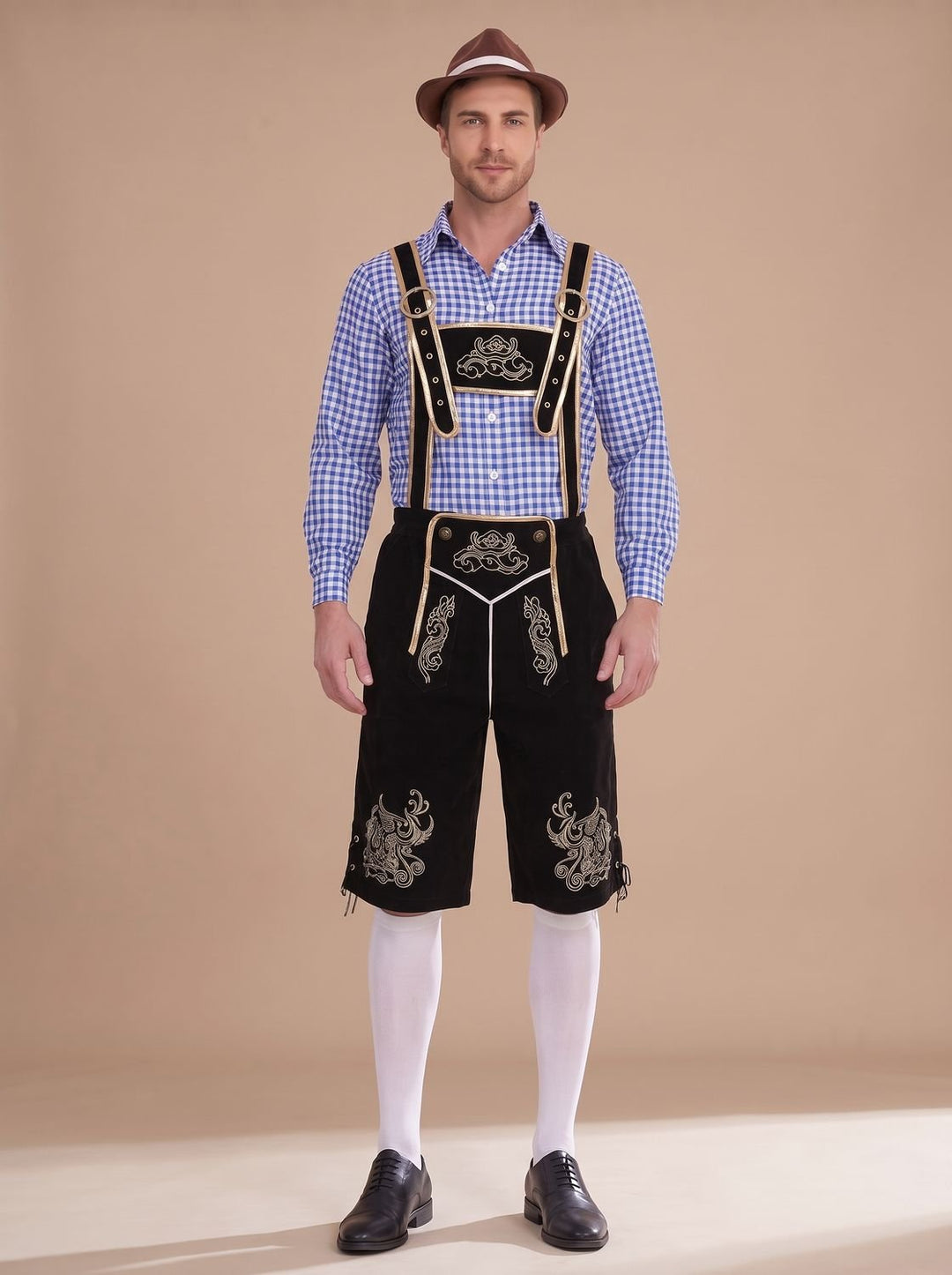 Herren Oktoberfest Trachten-Set Lederhose Kniebund Karohemd