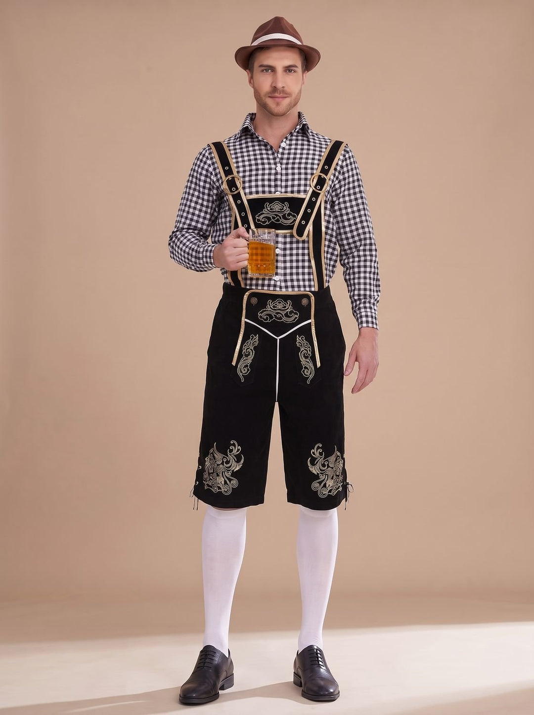 Herren Oktoberfest Trachten-Set Lederhose Kniebund Karohemd - Schwarz Kariert (Schwarz/Weiß Hemd)