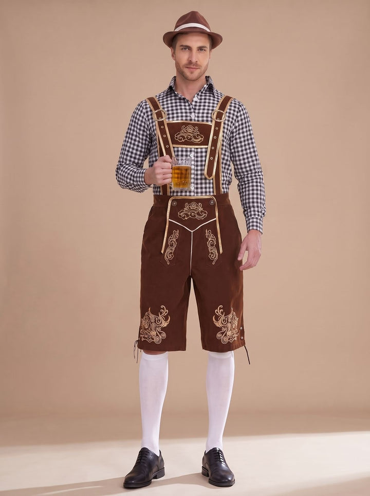 Herren Oktoberfest Trachten-Set Lederhose Kniebund Karohemd - Braun Kariert (Schwarz/Weiß Hemd)