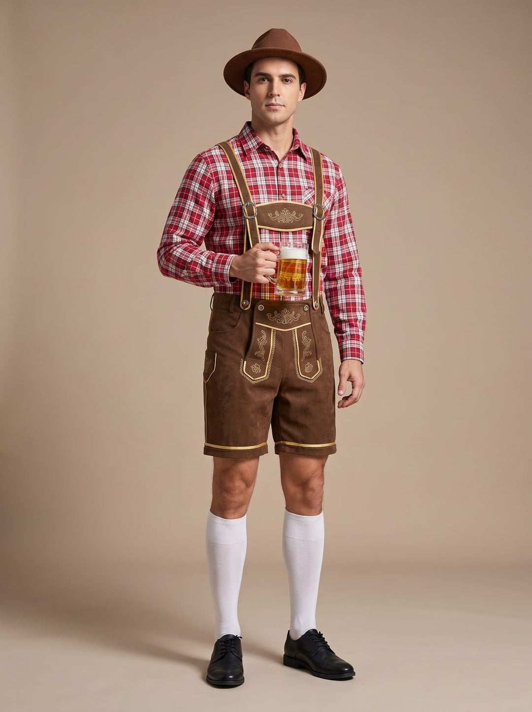 Herren Oktoberfest Trachten-Set Lederhose Kniebund Karohemd - Braun Kariert (Rot/Weiß Hemd)