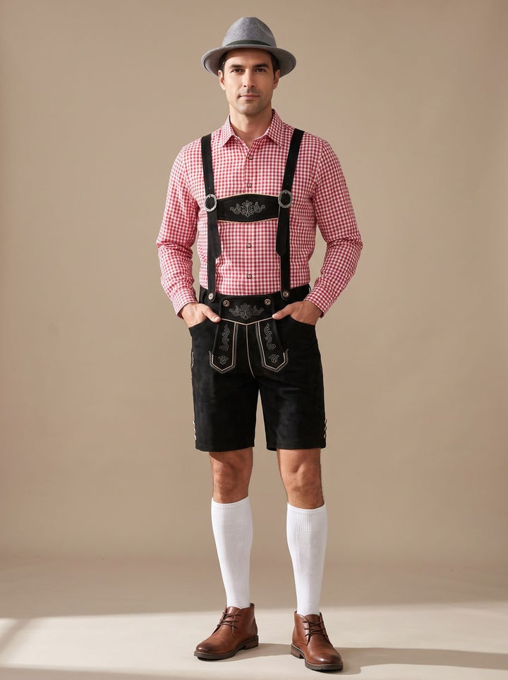 Herren Oktoberfest Trachtenkostüm Lederhose Kariertes Hemd - Schwarz