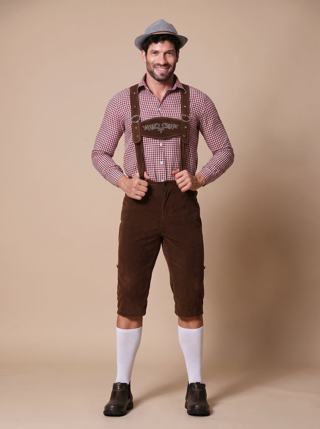 Herren Oktoberfest Trachtenkostüm Lederhose Kariertes Hemd - Braun