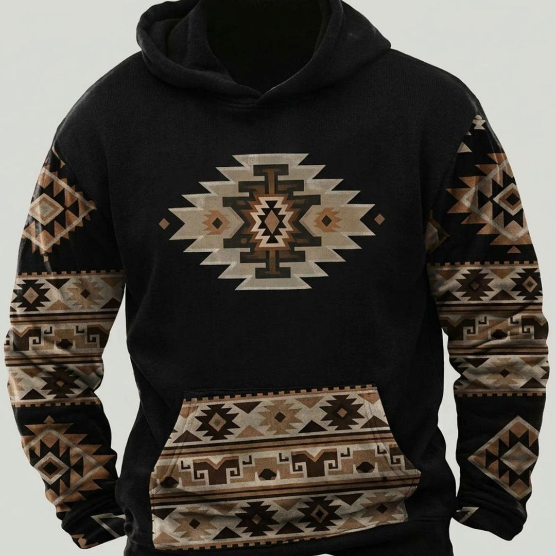 Herren Oversized Kapuzenpullover mit Tribal-Muster-Detail Vintage-Hoodie - Schwarz