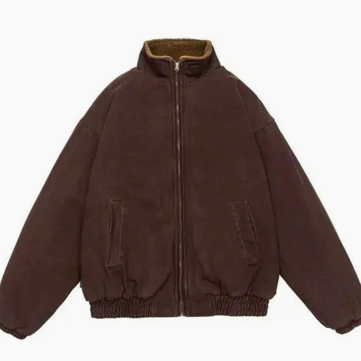 Herren Oversized Winterjacke mit Reißverschluss Fleece-Kragen Bomberjacke