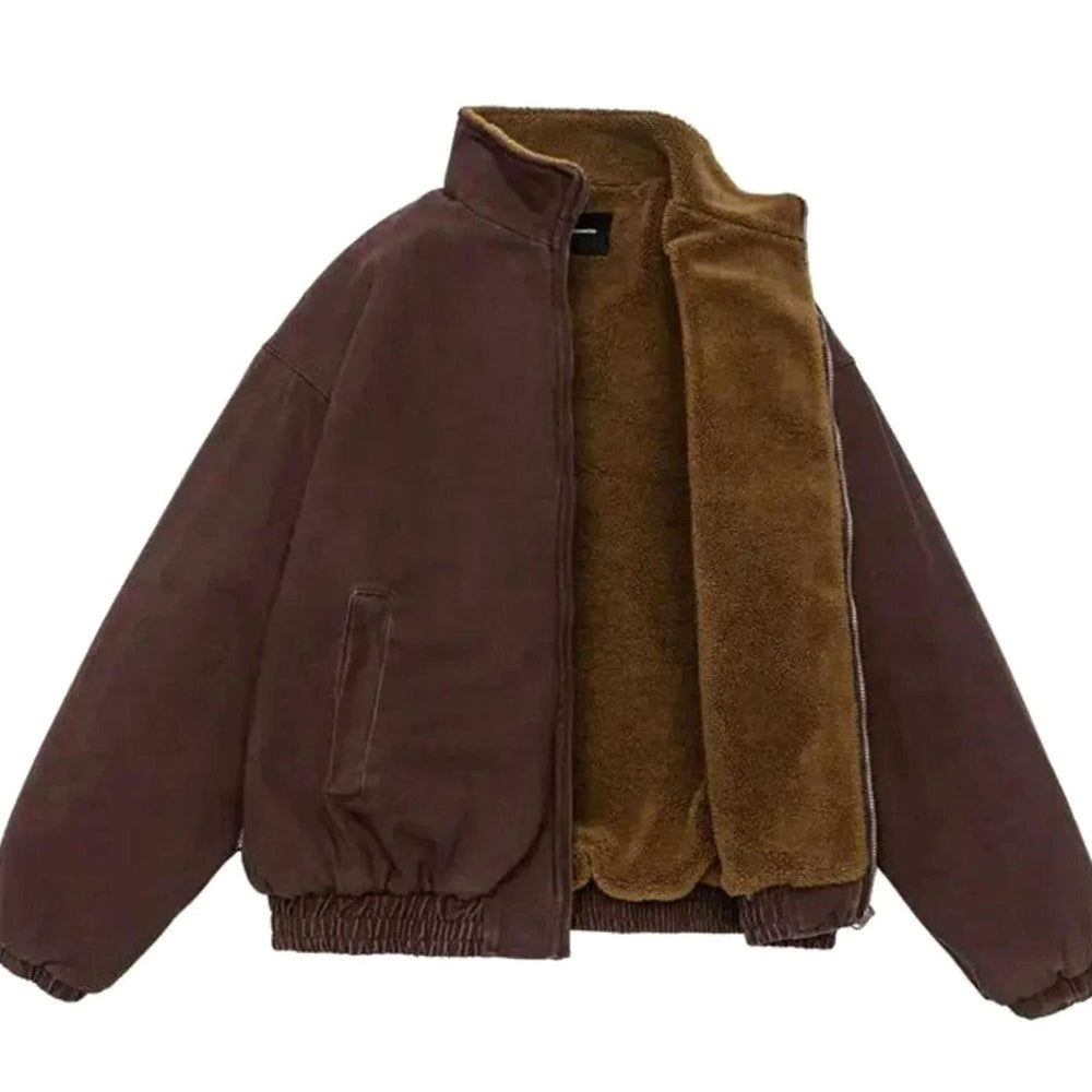 Herren Oversized Winterjacke mit Reißverschluss Fleece-Kragen Bomberjacke