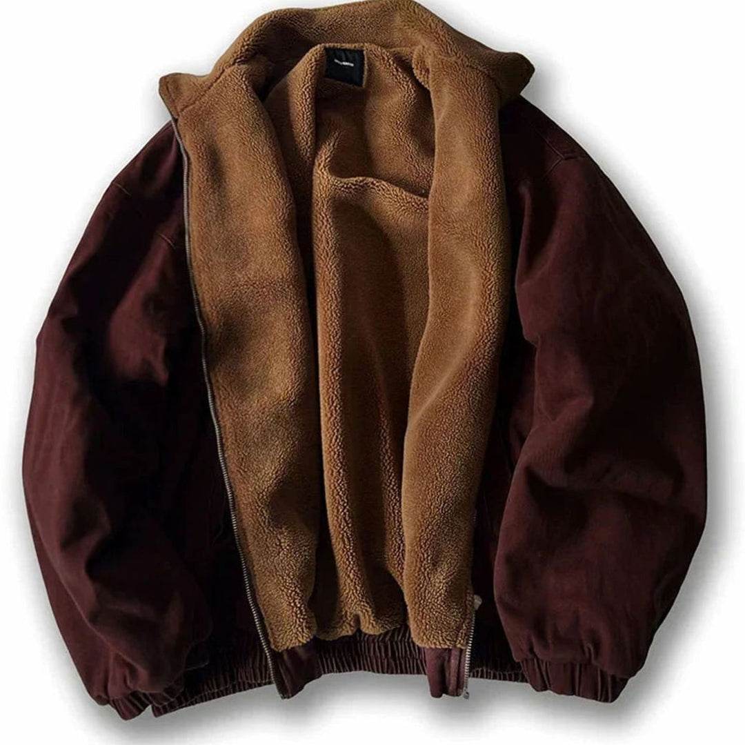 Herren Oversized Winterjacke mit Reißverschluss Fleece-Kragen Bomberjacke - Rot