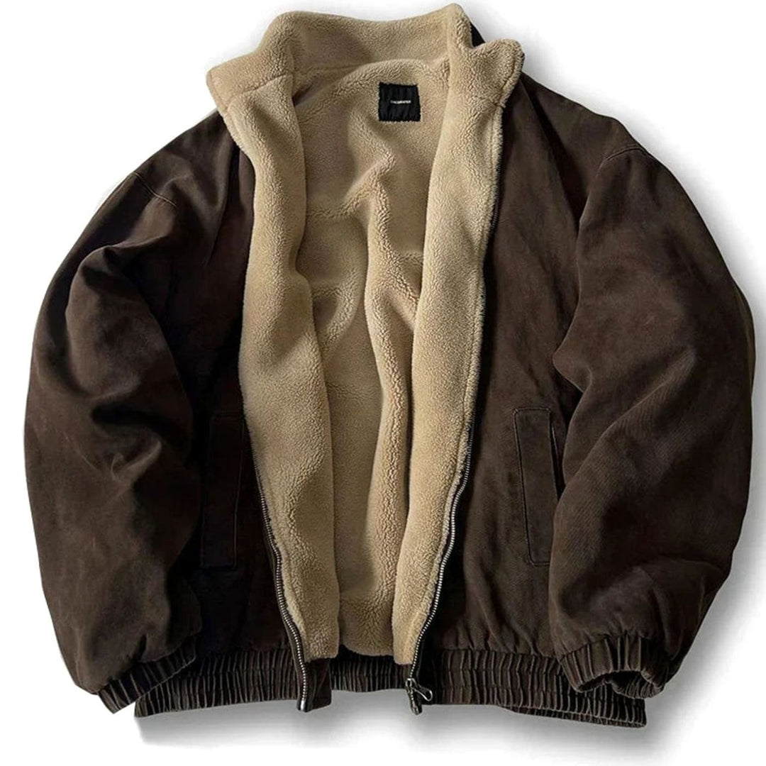 Herren Oversized Winterjacke mit Reißverschluss Fleece-Kragen Bomberjacke - Braun