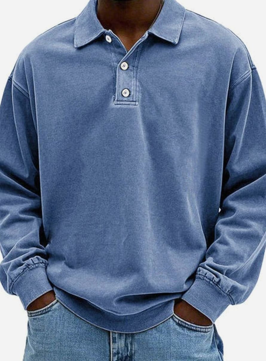 Herren Polo-Sweatshirt mit langen Ärmeln Lässige Knopfleiste - Blau