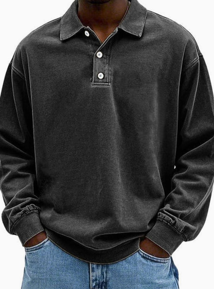 Herren Polo-Sweatshirt mit langen Ärmeln Lässige Knopfleiste - Schwarz