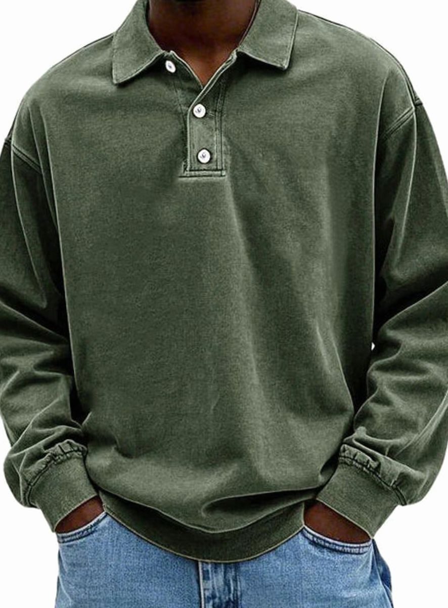 Herren Polo-Sweatshirt mit langen Ärmeln Lässige Knopfleiste - Armeegrün
