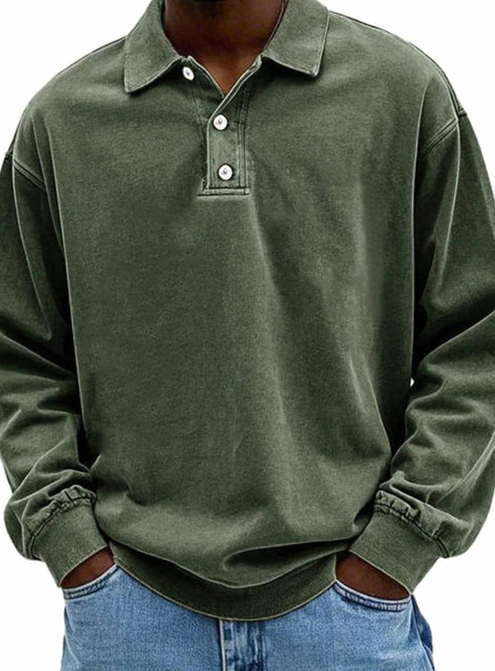 Herren Polo-Sweatshirt mit langen Ärmeln Lässige Knopfleiste - Armeegrün