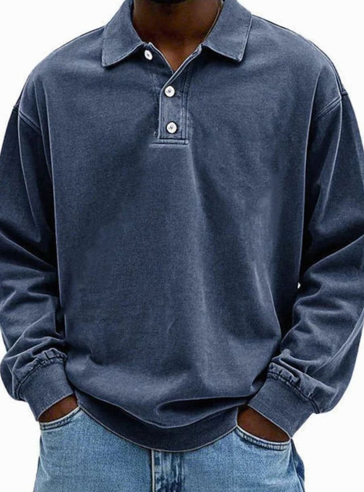 Herren Polo-Sweatshirt mit langen Ärmeln Lässige Knopfleiste - Marineblau