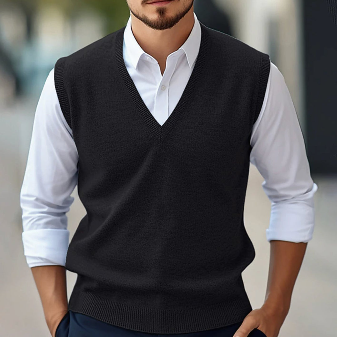 Herren Ärmellose Strickweste mit V-Ausschnitt Slim-Fit - Schwarz
