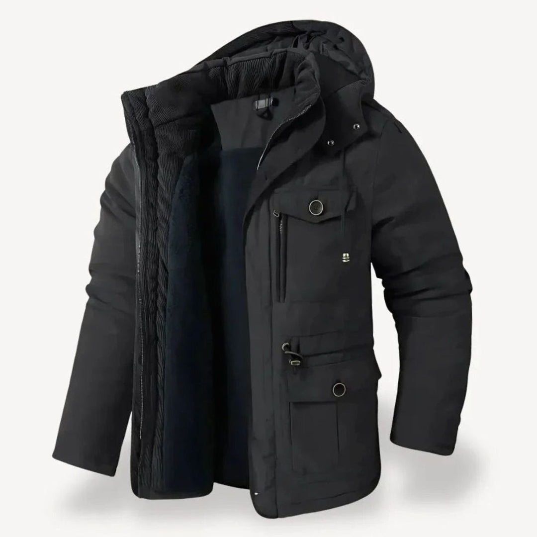 Herren Robuste Winterjacke mit Fleece-Futter Kapuze Mehrtaschen - Schwarz