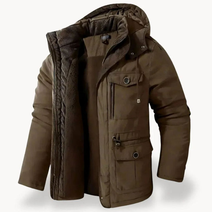 Herren Robuste Winterjacke mit Fleece-Futter Kapuze Mehrtaschen - Braun