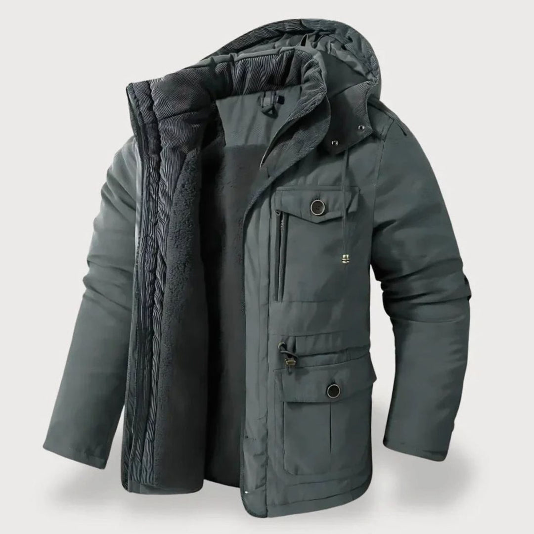 Herren Robuste Winterjacke mit Fleece-Futter Kapuze Mehrtaschen - Grau