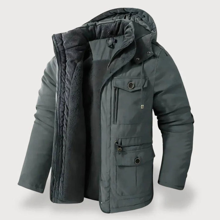 Herren Robuste Winterjacke mit Fleece-Futter Kapuze Mehrtaschen - Grau