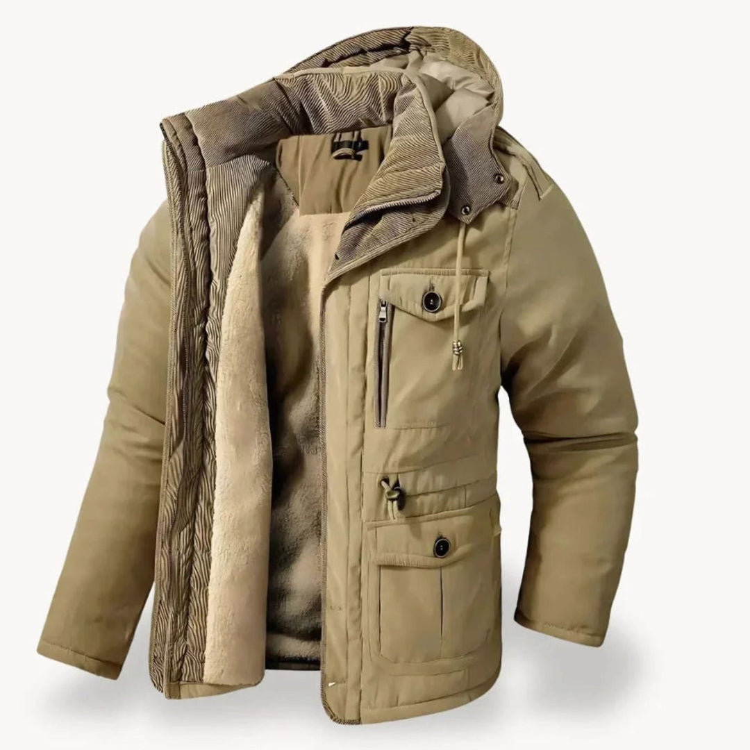 Herren Robuste Winterjacke mit Fleece-Futter Kapuze Mehrtaschen - Beige