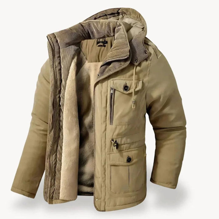 Herren Robuste Winterjacke mit Fleece-Futter Kapuze Mehrtaschen - Beige
