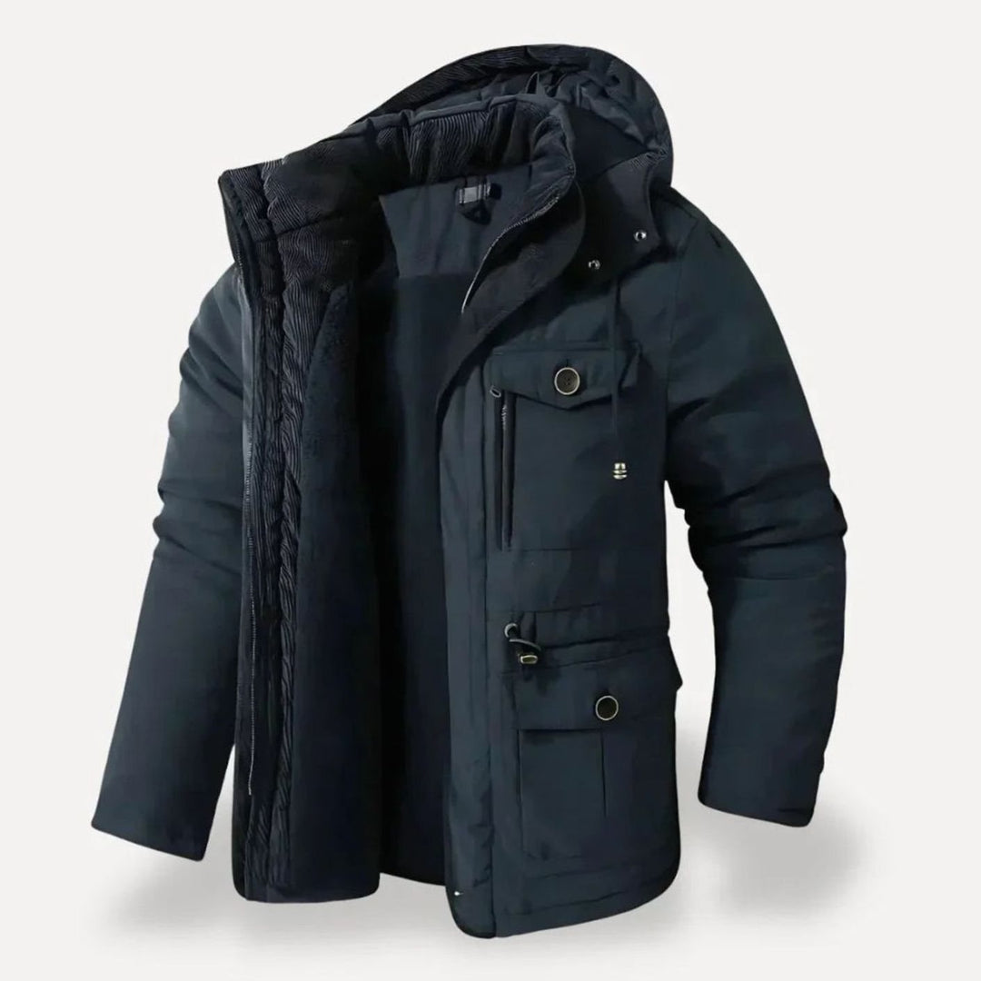 Herren Robuste Winterjacke mit Fleece-Futter Kapuze Mehrtaschen - Marineblau