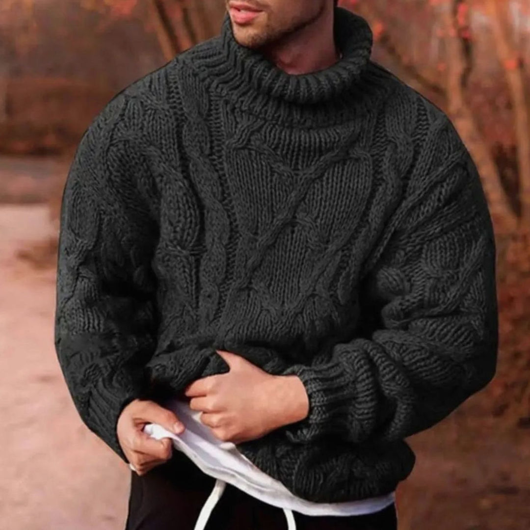 Herren Rollkragen Zopfstrick Pullover für den Winter - Schwarz