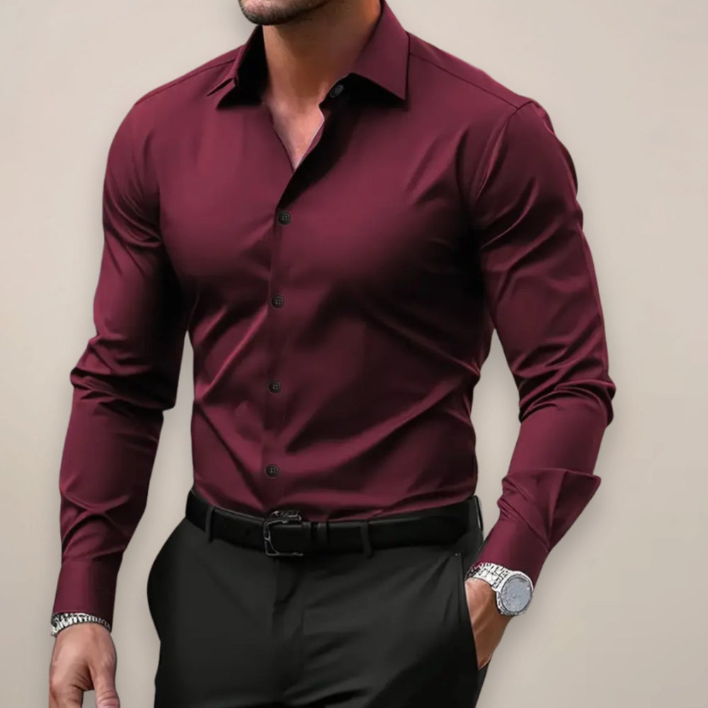 Herren Slim Fit Hemd tailliertes Langarmhemd klassischer Kragen - Weinrot