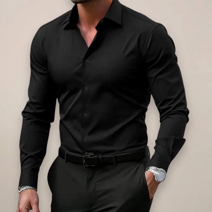 Herren Slim Fit Hemd tailliertes Langarmhemd klassischer Kragen - Schwarz