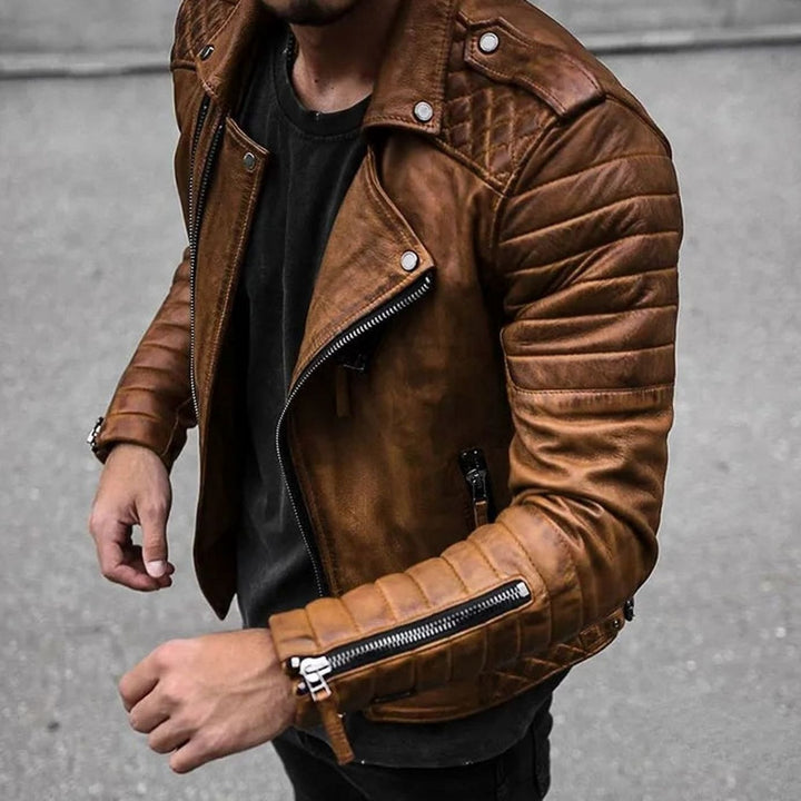 Herren Slim Fit Lederjacke mit Reißverschluss Bikerjacke Ärmelzipper - Braun