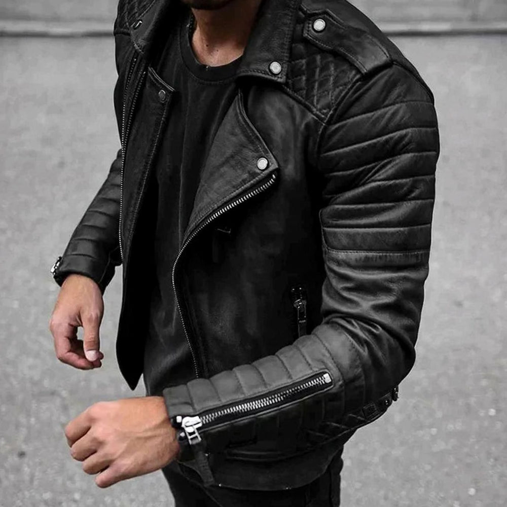 Herren Slim Fit Lederjacke mit Reißverschluss Bikerjacke Ärmelzipper - Schwarz