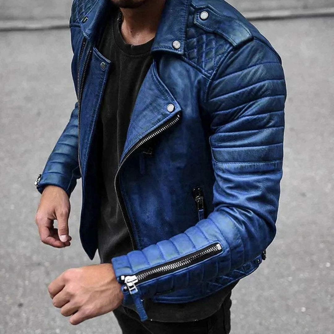 Herren Slim Fit Lederjacke mit Reißverschluss Bikerjacke Ärmelzipper - Blau