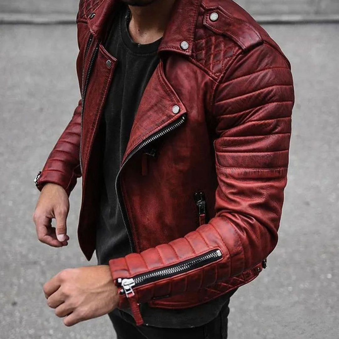 Herren Slim Fit Lederjacke mit Reißverschluss Bikerjacke Ärmelzipper - Rot