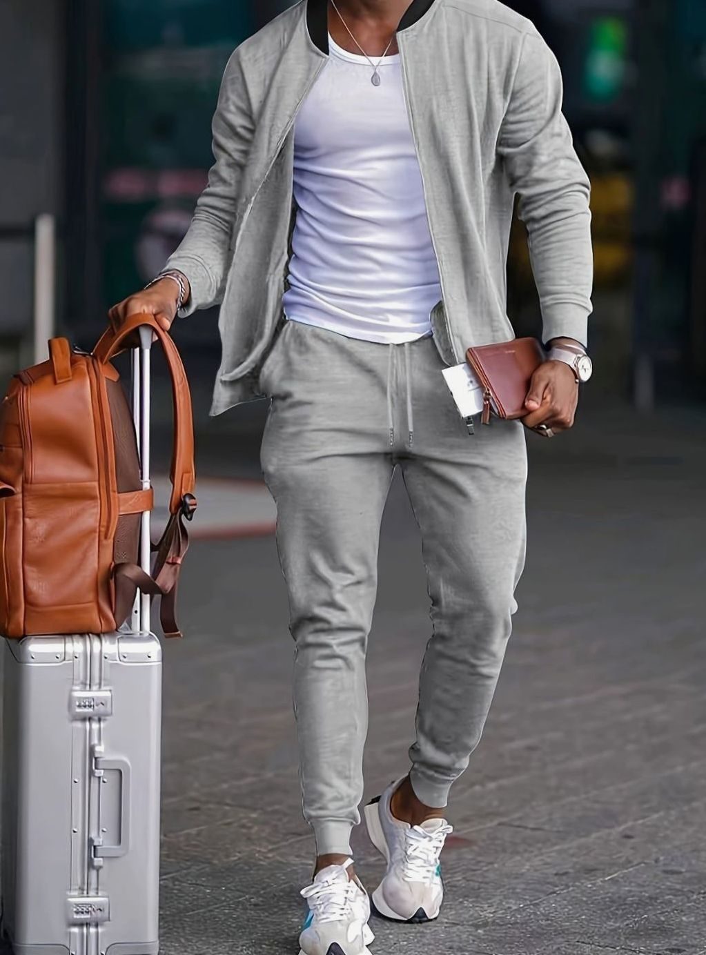 Herren Slim-Fit Trainingsanzug Set Zip-Jacke Jogginghose elastischem Bund - Grau