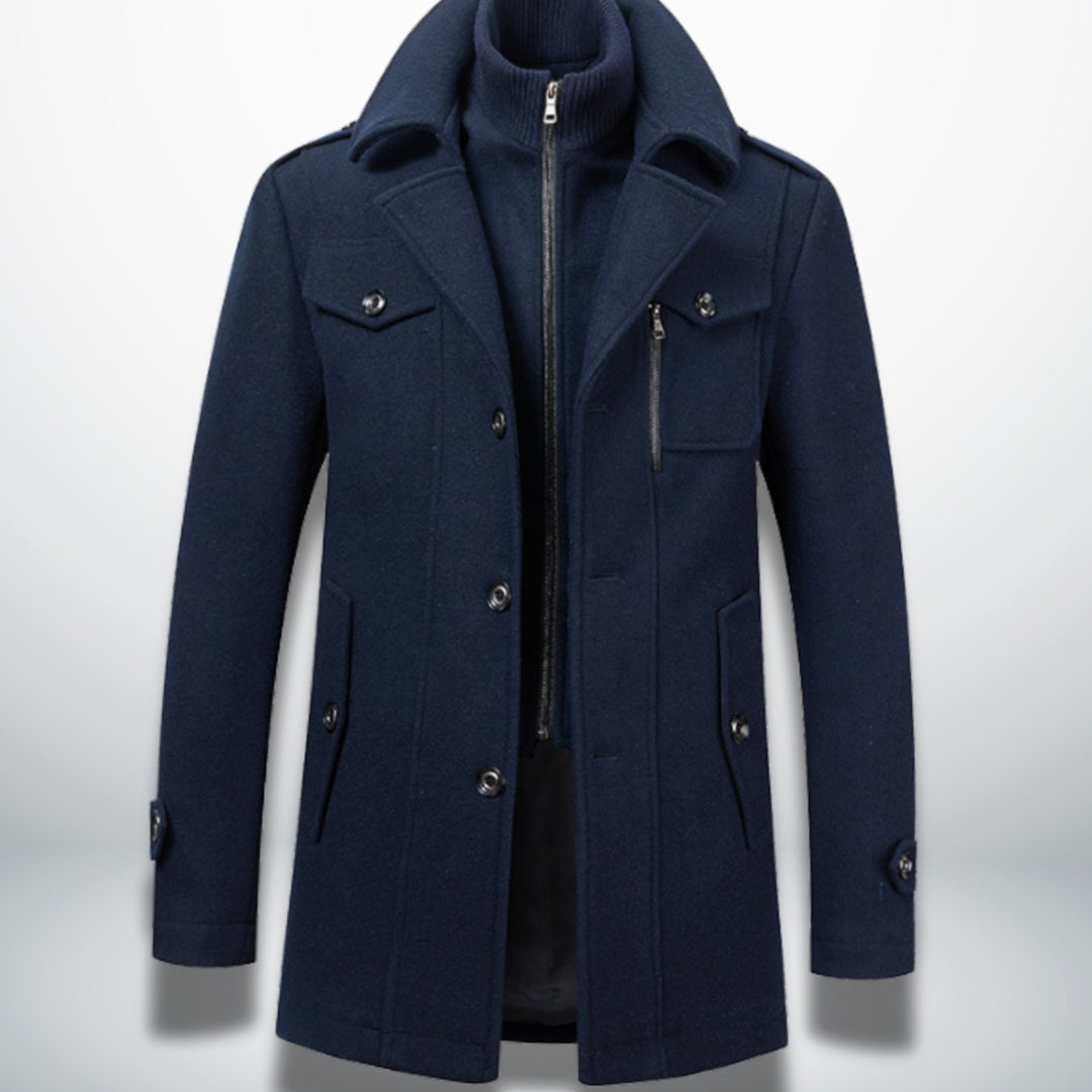 Herren Smart-Casual Wollmantel mit Knopfverschluss und abnehmbarem Innenkragen - Dunkelblau