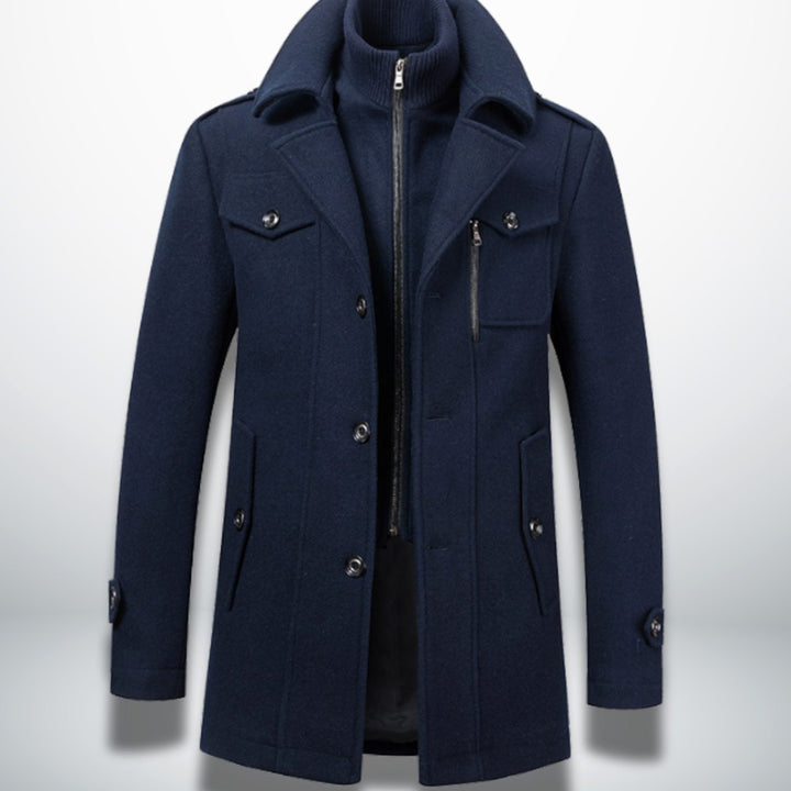 Herren Smart-Casual Wollmantel mit Knopfverschluss und abnehmbarem Innenkragen - Dunkelblau
