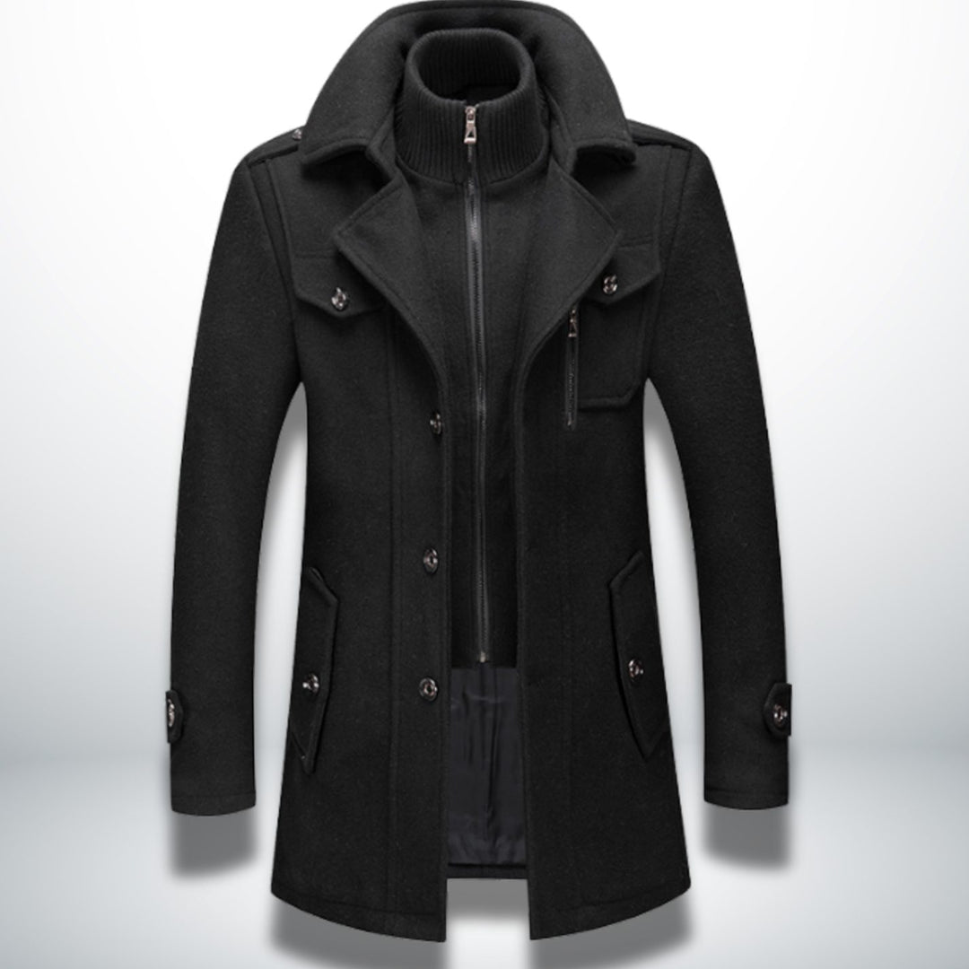Herren Smart-Casual Wollmantel mit Knopfverschluss und abnehmbarem Innenkragen - Schwarz