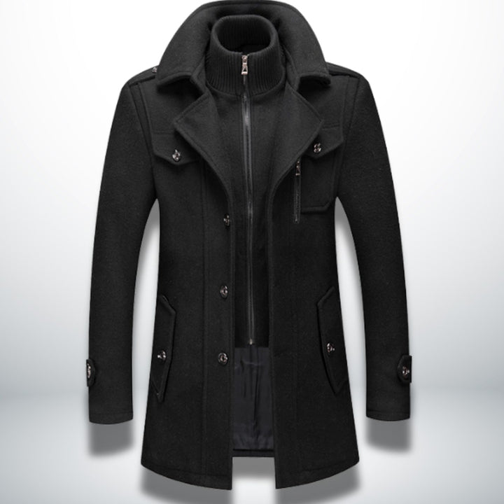 Herren Smart-Casual Wollmantel mit Knopfverschluss und abnehmbarem Innenkragen - Schwarz
