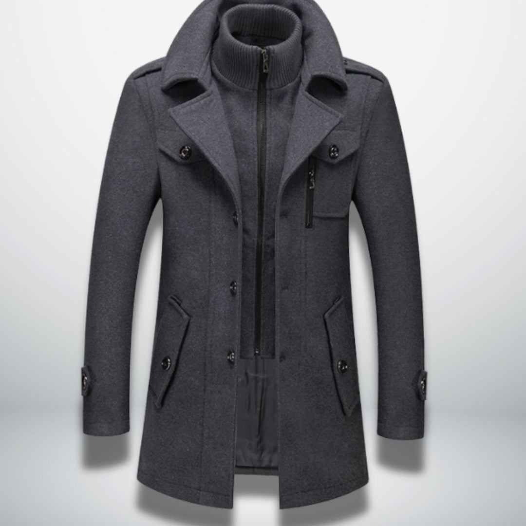 Herren Smart-Casual Wollmantel mit Knopfverschluss und abnehmbarem Innenkragen - Grau