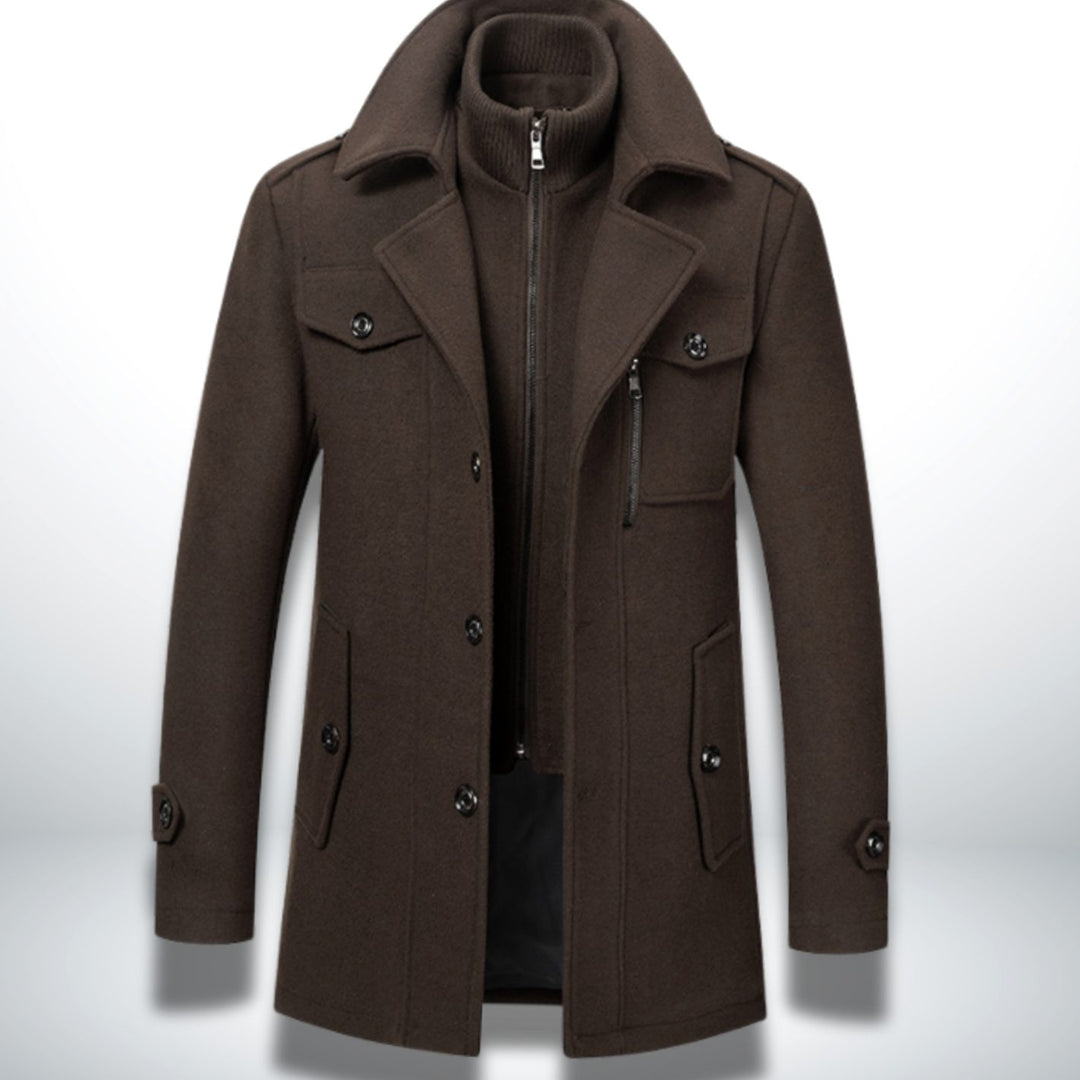 Herren Smart-Casual Wollmantel mit Knopfverschluss und abnehmbarem Innenkragen - Braun