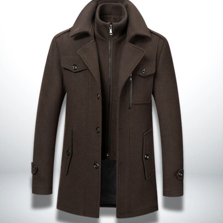 Herren Smart-Casual Wollmantel mit Knopfverschluss und abnehmbarem Innenkragen - Braun