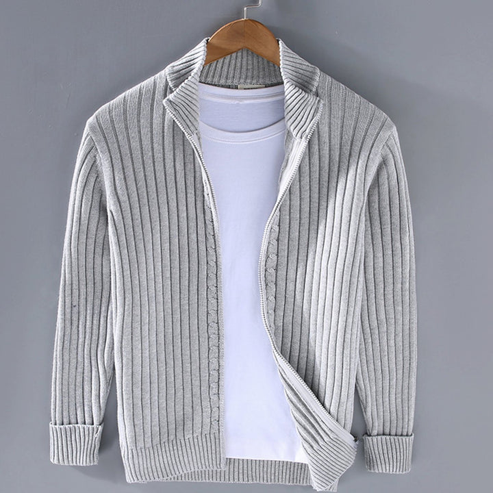 Herren Strickcardigan mit Reißverschluss Gerippter Stehkragen Pullover - Grau