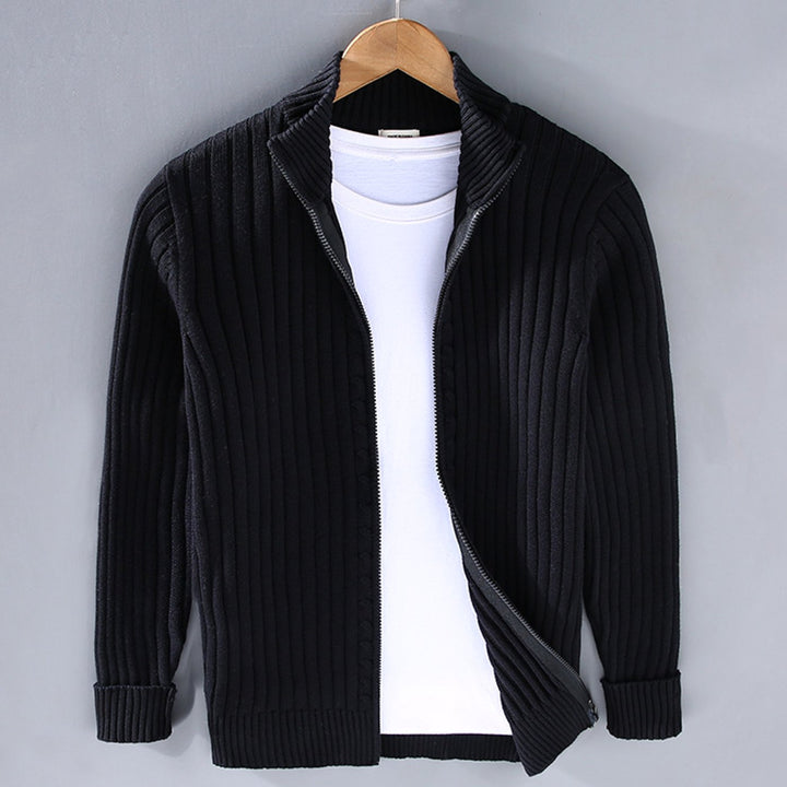 Herren Strickcardigan mit Reißverschluss Gerippter Stehkragen Pullover - Schwarz