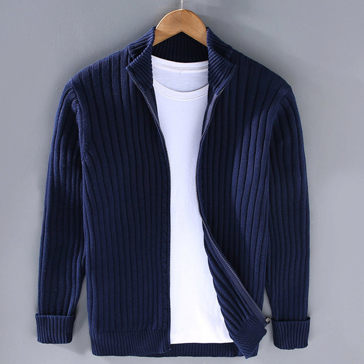 Herren Strickcardigan mit Reißverschluss Gerippter Stehkragen Pullover - Blau