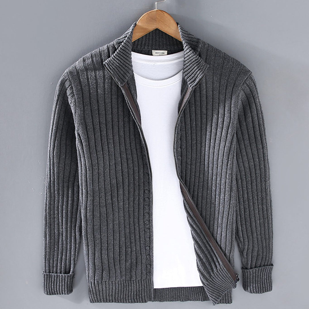 Herren Strickcardigan mit Reißverschluss Gerippter Stehkragen Pullover - Anthrazit